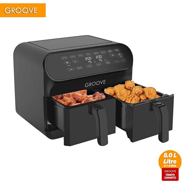 Groove Max Plus XXL 1800 W (4 L+4 L) 8 L Çift Hazneli Smart Airfryer Yağsız Siyah Sıcak Hava Fritözü