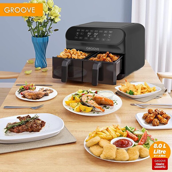 Groove Max Plus XXL 1800 W (4 L+4 L) 8 L Çift Hazneli Smart Airfryer Yağsız Siyah Sıcak Hava Fritözü