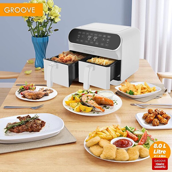 Groove Max Plus XXL 1800W (4 L + 4 L) 8 L Çift Hazneli Smart Yağsız Beyaz Sıcak Hava Fritözü
