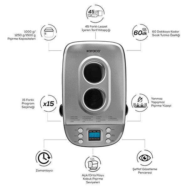 Karaca BakeXL Inox Reçel Yoğurt Hamur Yoğurma ve Ekmek Yapma Makinesi