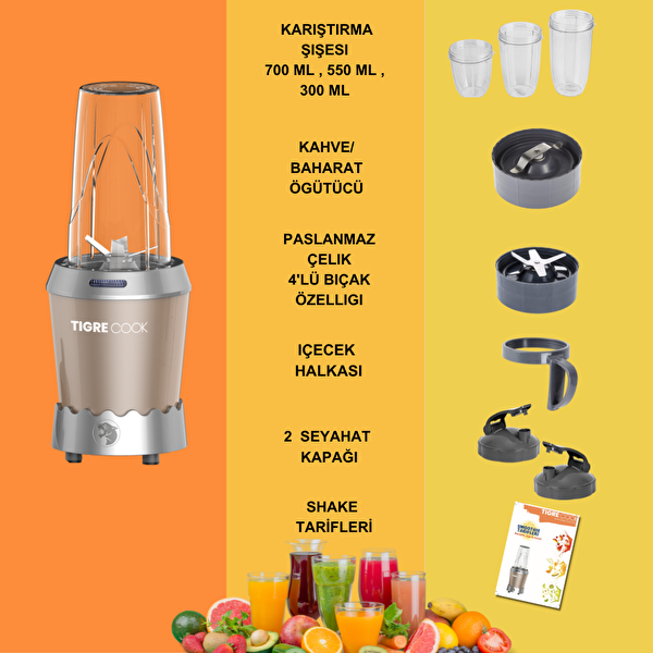 Tigrecook Nutrishake 3 in 1 1000 W Paslanmaz Çelik Bıçaklı Kişisel Smoothie Blender ve Kahve Baharat Öğütücü-Altın