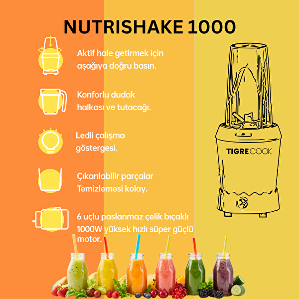 Tigrecook Nutrishake 3 in 1 1000 W Paslanmaz Çelik Bıçaklı Kişisel Smoothie Blender ve Kahve Baharat Öğütücü-Altın