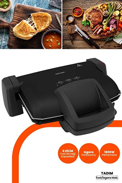 Goldmaster Tadım 1800 W Çıkarılabilir Plakalı Kademe Ve Isı Ayarlı Siyah Tost Ve Izgara Makinesi