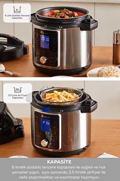 Karaca Cooker 2 in 1 6 L Çok Amaçlı Basınçlı Pişirici Akıllı Elektrikli Düdüklü Tencere ve Airfryer Matt Black