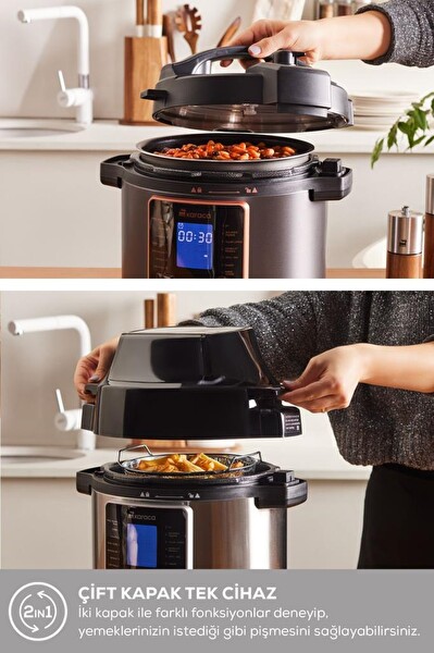 Karaca Cooker 2 in 1 6 L Çok Amaçlı Basınçlı Pişirici Akıllı Elektrikli Düdüklü Tencere ve Airfryer Matt Black