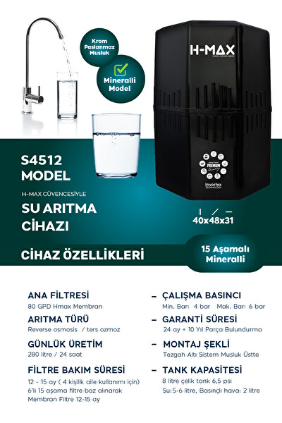H-MAX HMAXS4512 12 Litre Çelik Tanklı 15 Aşama Multi Mineralli 80 GPD Su Arıtma Cihazı