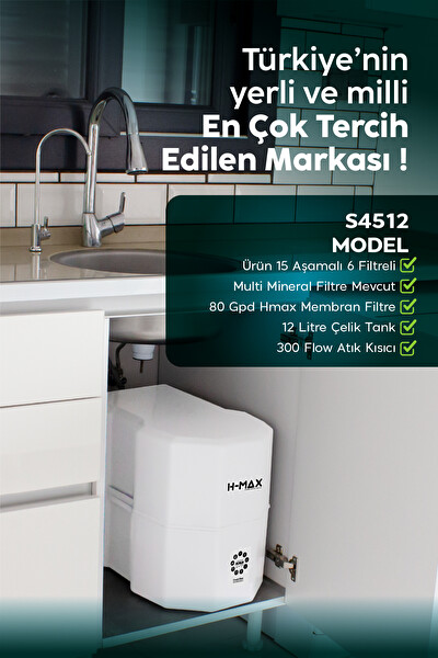 H-MAX HMAXS4512 12 Litre Çelik Tanklı 15 Aşama Multi Mineralli 80 GPD Su Arıtma Cihazı