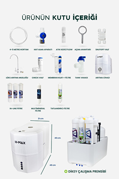 H-MAX HMAXB4512 12 Litre Çelik Tanklı 15 Aşama Multi Mineralli 80 GPD Su Arıtma Cihazı