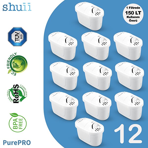 Shuii PurePro I Su Arıtma Sürahi Filtresi (12 Adet Filtre ) I Jugg ve Brita Maxtra+ Pro ile Uyumlu