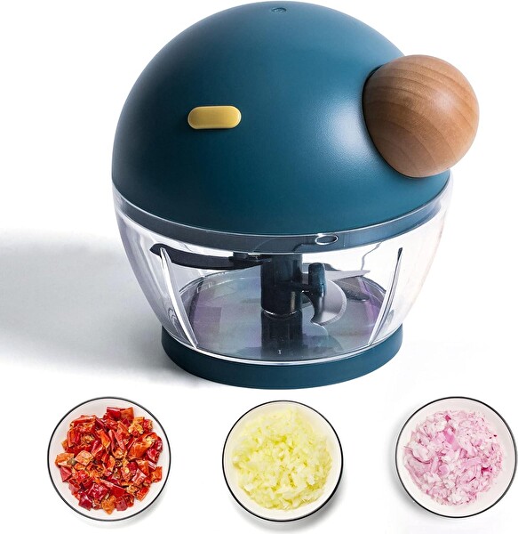 Valkyrie 500 ML Bambu Saplı 3 Bıçaklı Et Sebze Doğrayıcı Manuel El Rondosu Mavi