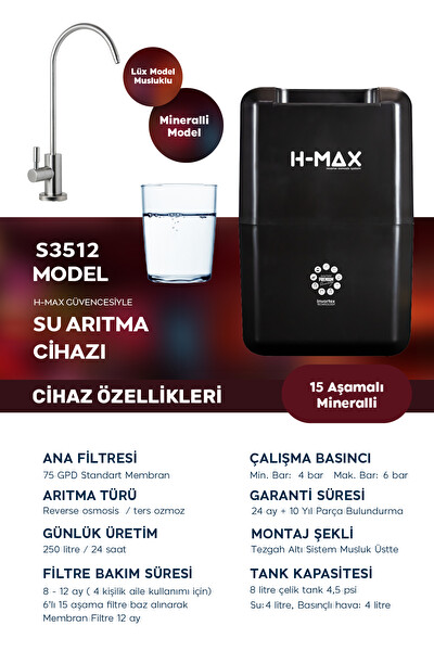 H-MAX 8 Litre 15 Aşama Mineralli 75 GPD Su Arıtma Cihazı HMAXS3512