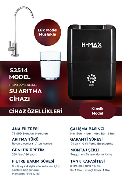 H-MAX 8 Litre 5 Aşama 75 GPD Su Arıtma Cihazı HMAXS3514