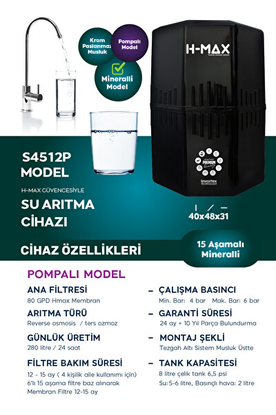 H-MAX 12 Litre Pompalı 15 Aşama Multi Mineralli 80 GPD Su Arıtma Cihazı HMAXS4512P