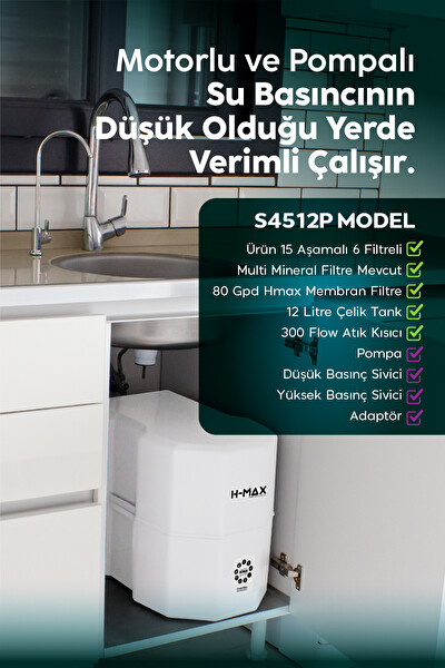 H-MAX 12 Litre Pompalı 15 Aşama Multi Mineralli 80 GPD Su Arıtma Cihazı HMAXS4512P