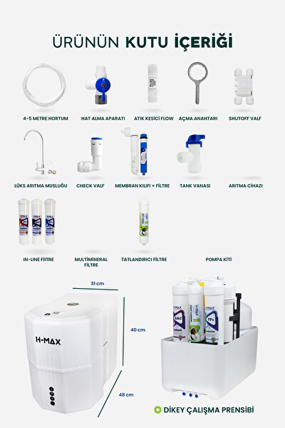 H-MAX 12 Litre Pompalı 15 Aşama Multi Mineralli 80 GPD Su Arıtma Cihazı HMAXS4512P