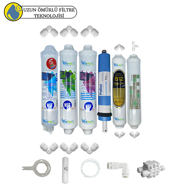 Pemax Water Solutions Kapalı Kasa Su Arıtma Cihazlarına Uygun Sertifikalı 6'lı Pallas Mebran Purefer+B12 Alkali Set