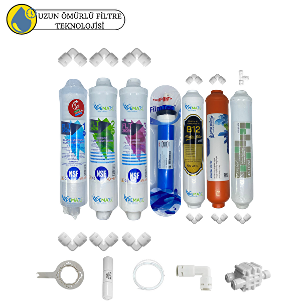 Pemax Water Solutions Kapalı Kasa Su Arıtma Uygun Sertifikal 7'lı Orijinal Filmtec Mebran Purefer+B12 Alkali+Mineral Set