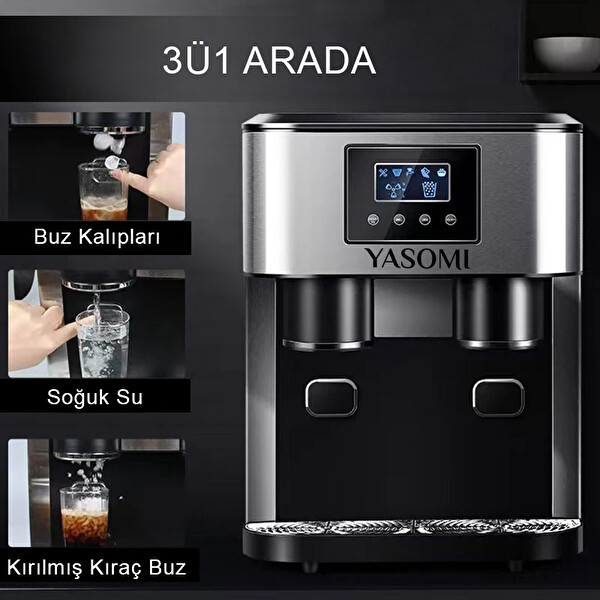 Yasomi Coolmaster ZBS15 3in1 Küp ve Kırılmış Buz Soğuk Su LCD Dokunmatik Inox Gövde 2L Tanklı Buz Makinesi