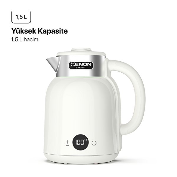 Xenon Smart X7101 1.5 L Paslanmaz Çelik Çift Katmanlı Led Ekranlı Hızlı Kaynatma Akım Korumalı Su Isıtıcı Krem