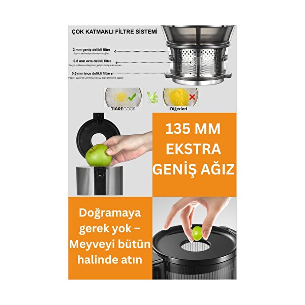 Tigrecook Slow Juicer Yavaş Sıkım Katı Meyve Sıkacağı Sorbe ve Dondurma Aparatlı