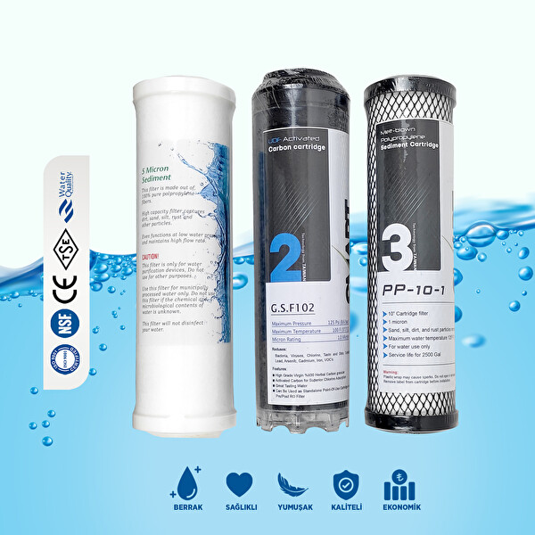 İdeal Mağaza Su Arıtma Cihazı İçin Kartuşlu 3lü Filtre Seti
