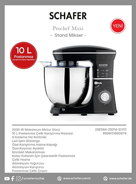 Schafer Prochef Maxi 10 Litre Standlı Mikser Siyah Fiyatı ve