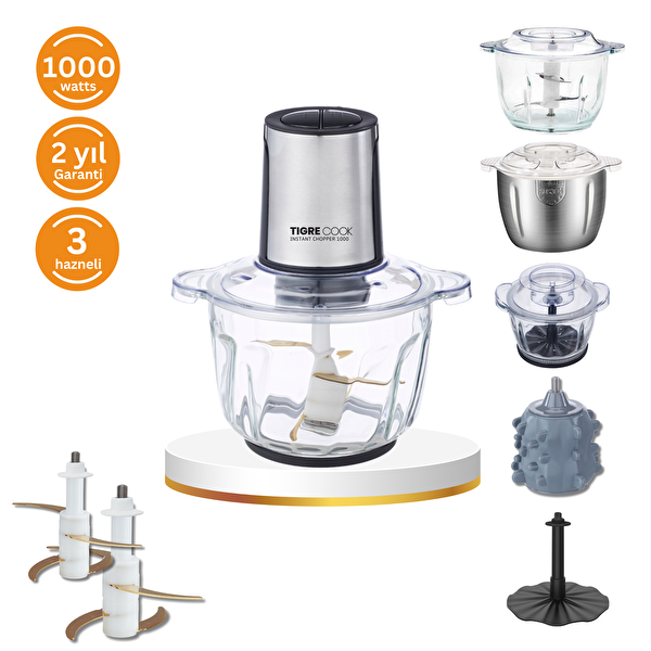 Tigrecook 1000 Pro 2.3 L Cam ve Çelik Hazneli Et Kıyma & Sebze Rondo Doğrayıcı - Ekstra 1.2 L Hazne