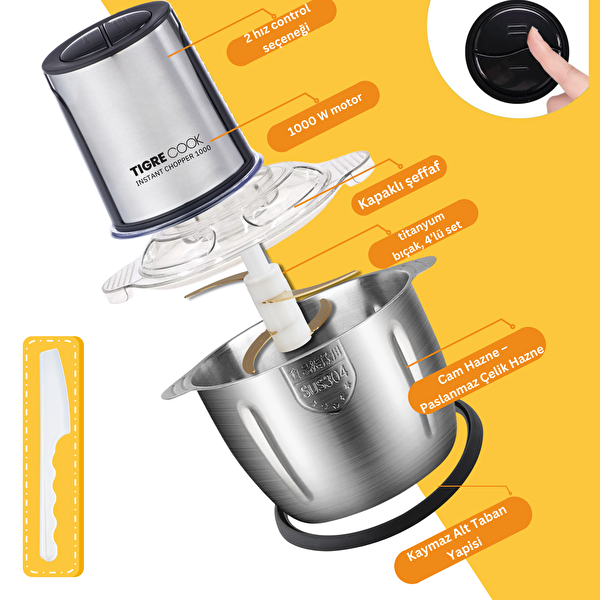 Tigrecook 1000 Pro 2.3 L Cam ve Çelik Hazneli Et Kıyma & Sebze Rondo Doğrayıcı - Ekstra 1.2 L Hazne