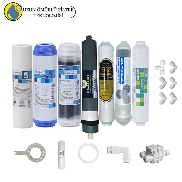Pemax Water Solutions Purefer Açık Kasa Çift Karbonlu Sertifikalı 7'li B12Alkali-Platinium Mebran Şeffaf 4'lü Mineralli