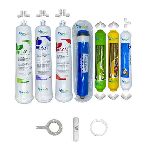 Pemax Water Solutions Kapalı Kasa Su Arıtma Cihazlarına HFT 7'li ReVerse Osmosis Mebran Alkali-Mineral-Tatlandırıcı