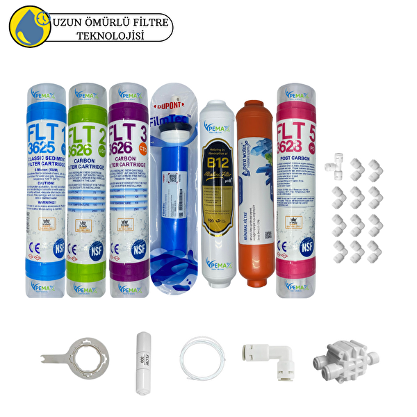 Pemax Water Solutions Kapalı Kasa Su Arıtma Cihaz Sertifikalı 7'li Orijinal Filmtec Mebran Tatlandırıcı-B12-Mineral Set
