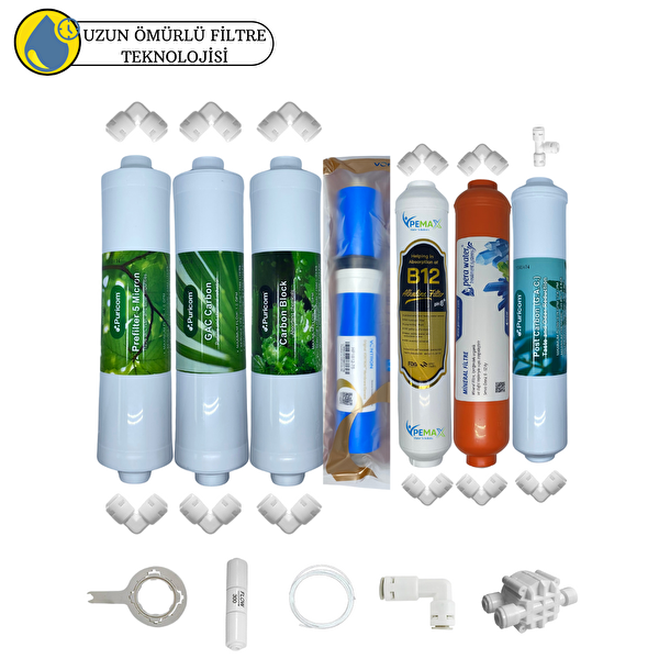 Pemax Water Solutions Puricom Kapalı Kasa Su Arıtma Sertifikalı 7'li B12Alkali- Vontron Helixfil Yüksek TDS Mebran Mineral