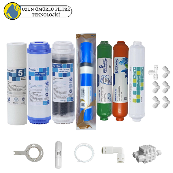 Pemax Water Solutions Purefer Açık Kasa Çift Karbonlu Sertifikalı 7'li Vontron Helixfil Yüksek TDS Mebran Mineral-Alkali
