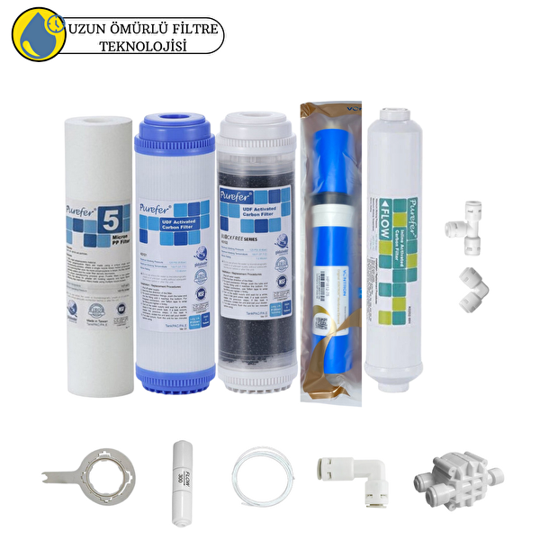 Pemax Water Solutions Purefer Açık Kasa Çift Karbonlu Sertifikalı 5'li Vontron Helixfil Yüksek TDS Mebran 5'li