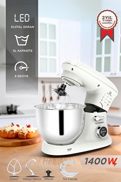 Torima TMK-1400DT Hamur Yoğurma Makinesi Mutfak Şefi 1400W Beyaz Stand Mikser