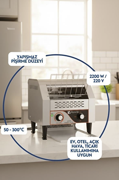 Vosco VKB-450 Konveyörlü Ekmek Kızartma Makinesi - Saatte 600 Dilim Kapasiteli 2640W Paslanmaz Çelik Endüstriyel Toaster