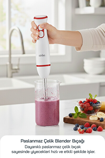 Sinbo 7514 Paslanmaz Çelik Aparat 2 Hız Güçlü DC Motor El Blenderi - Kırmızı
