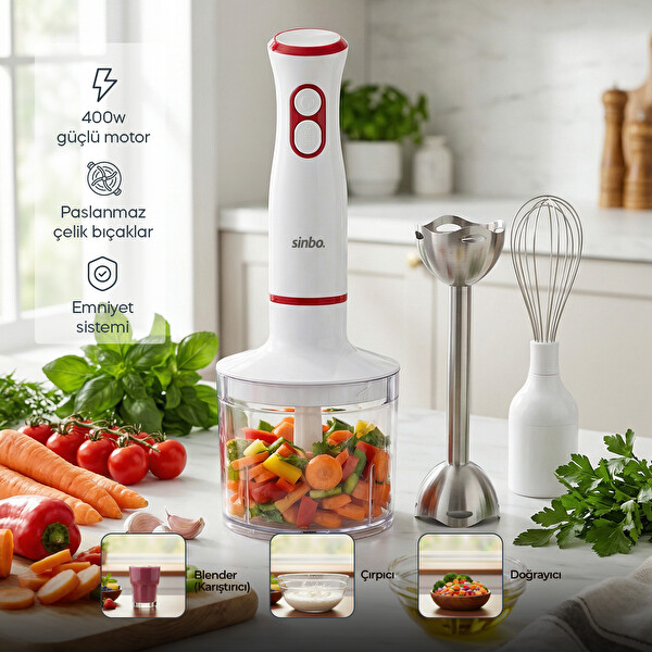Sinbo SHB-7530 400W El Çok Fonksiyonlu El Blender Seti Beyaz-Kırmızı
