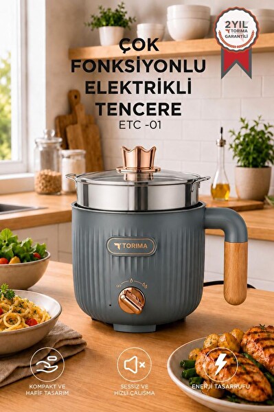 Torima ETC01 Antrasit Çok Fonksiyonlu Elektrikli Çelik Tencere Buharlı Yağda Pilav Yemek Pişirme Makinesi