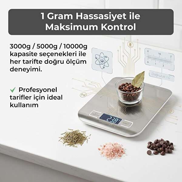 Pure Es 10 KG Kapasiteli 1 G Hassasiyetli Dijital Mutfak Tartısı - Gri
