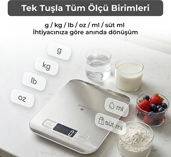 Pure Es 10 KG Kapasiteli 1 G Hassasiyetli Dijital Mutfak Tartısı - Gri