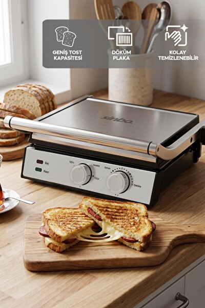 Sinbo SSM-2598 Döküm Plakalı Ayarlanabilir Isı ve Zaman Kontrollü Izgara - Tost Makinesi 2000W
