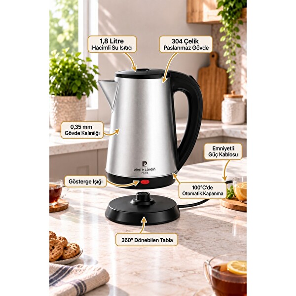 Pierre Cardin PC-1B1201-1 Paslanmaz Çelik Su Isıtıcı 1500W 1.8 L