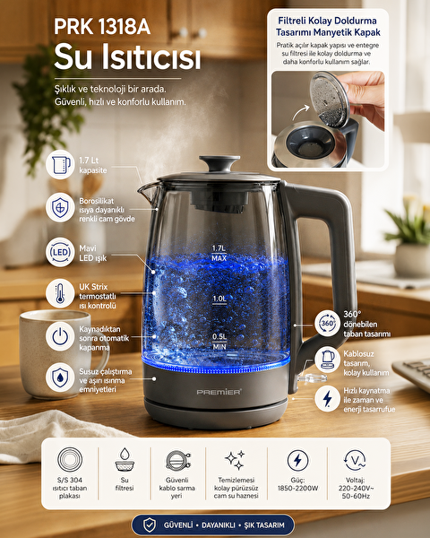 Premier PRK 1318A Borosilikat Renkli Cam Gövdeli Manyetik Filtre Kapaklı Kettle - LED Işıklı