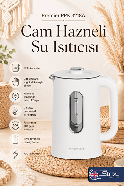Premier PRK 3218A Isıya Dayanıklı Cam Hazneli LED Işıklı Su Isıtıcısı Cool Touch Kettle