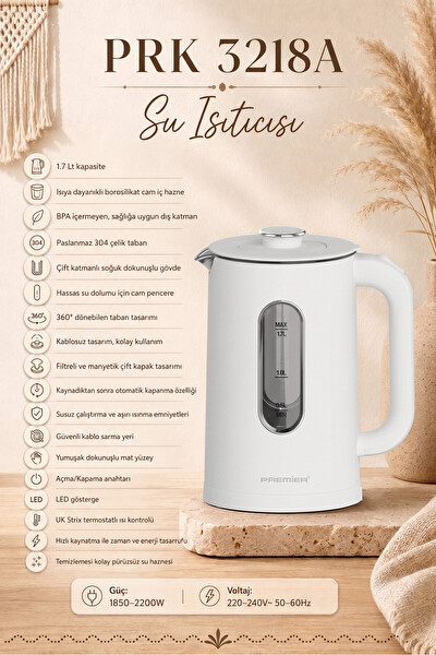 Premier PRK 3218A Isıya Dayanıklı Cam Hazneli LED Işıklı Su Isıtıcısı Cool Touch Kettle