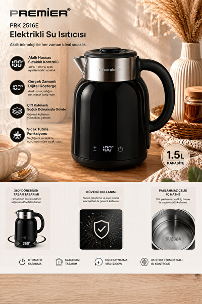 Premier PRK 2516E Paslanmaz Çelik Hazneli Dijital Göstergeli Su Isıtıcısı Cool Touch Kettle