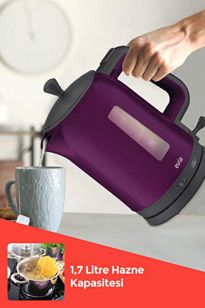 Evia Çayzade EA-4308M 1.7 L 2200 W Cam Demlikli Mor Çay Makinesi ve Su Isıtıcısı