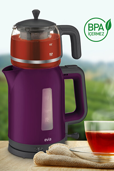Evia Çayzade EA-4308M 1.7 L 2200 W Cam Demlikli Mor Çay Makinesi ve Su Isıtıcısı