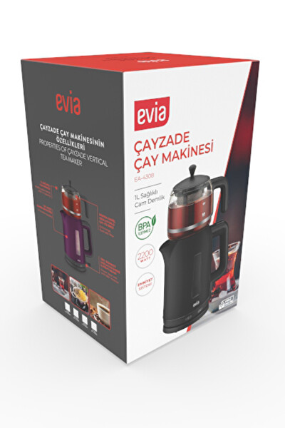 Evia Çayzade EA-4308M 1.7 L 2200 W Cam Demlikli Mor Çay Makinesi ve Su Isıtıcısı